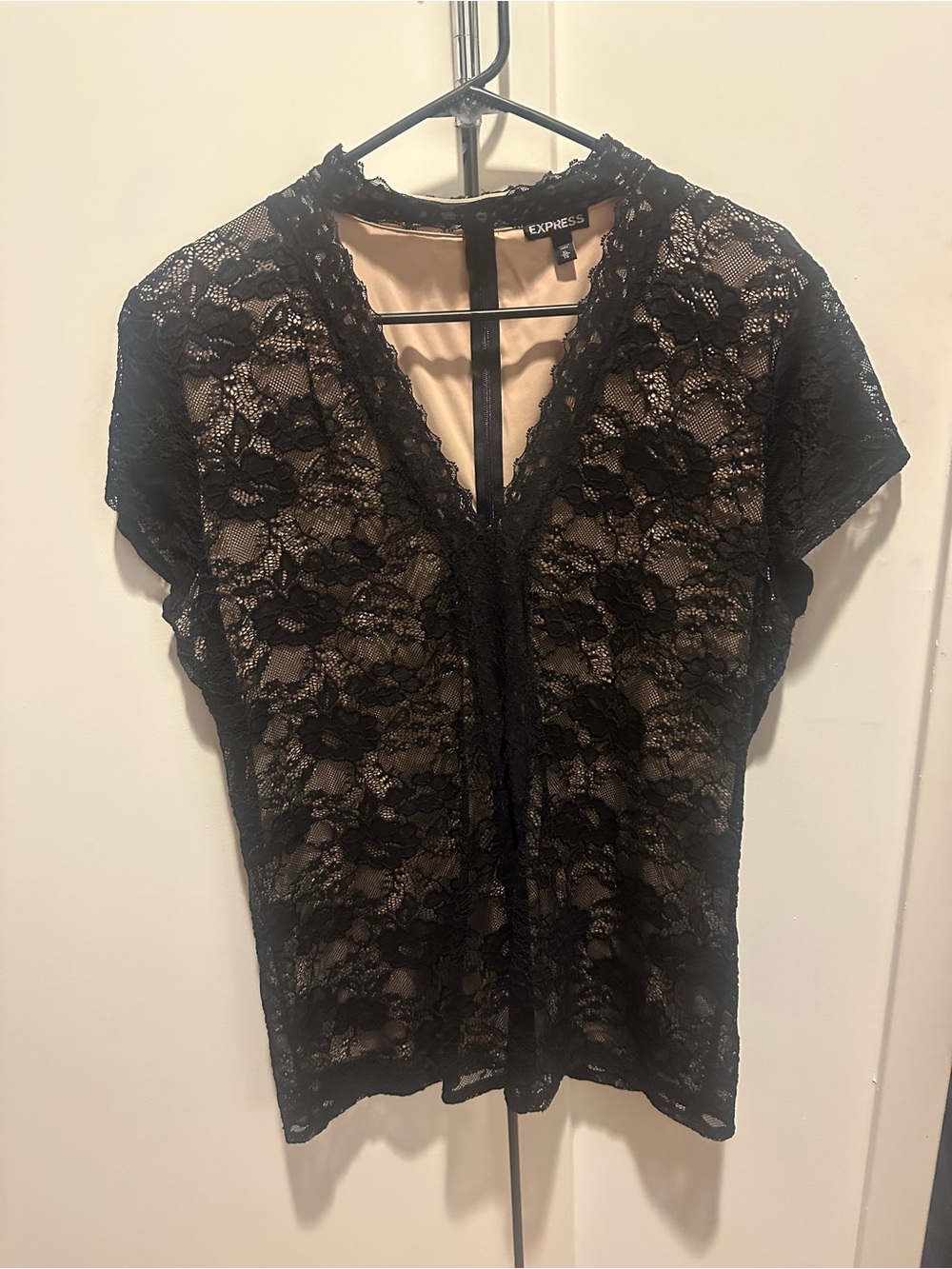 Express Black Lace Short Sleeve V-Neck Blouse with Nude Lining